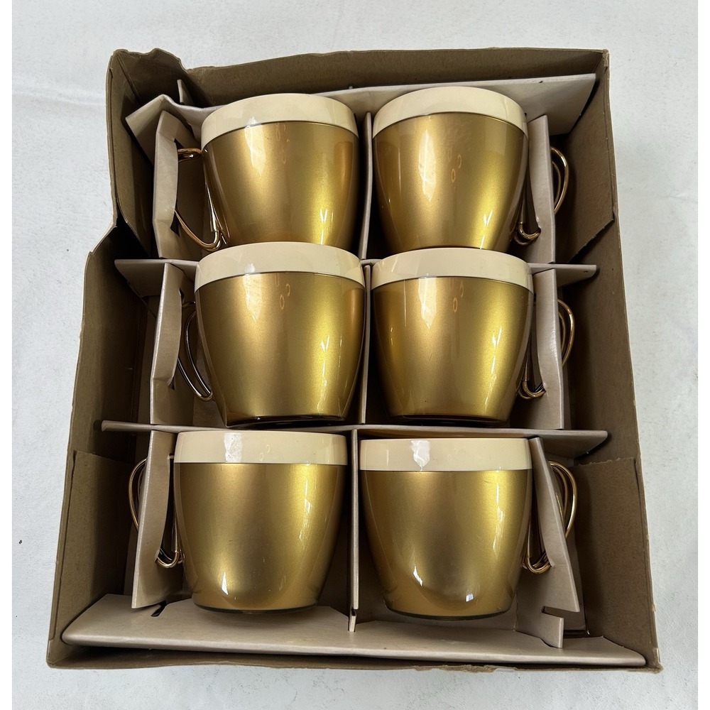 Vintage West Bend Insulated 6 Mug Cups Thermo-Serv Gold & Cream in Box